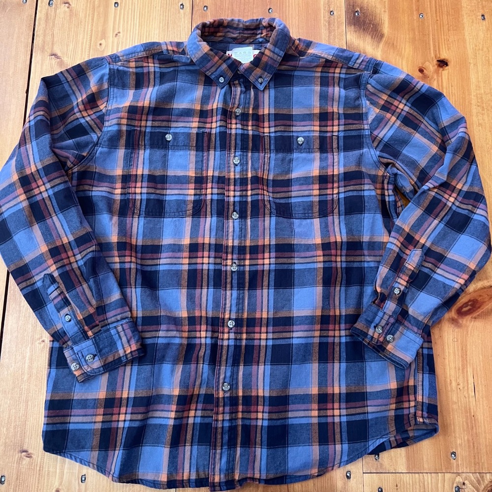 Wrangler Rugged‎ Wear Mens XL Blue Orange Plaid Flannel Button Down Shirt A7